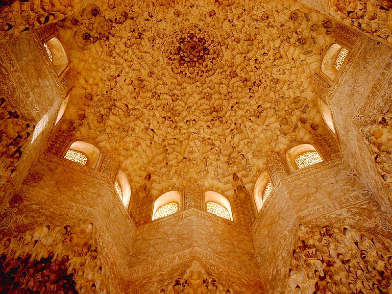 Alhambra Interior, Spain, windows, decorations, interior, inside, dome, HD wallpaper
