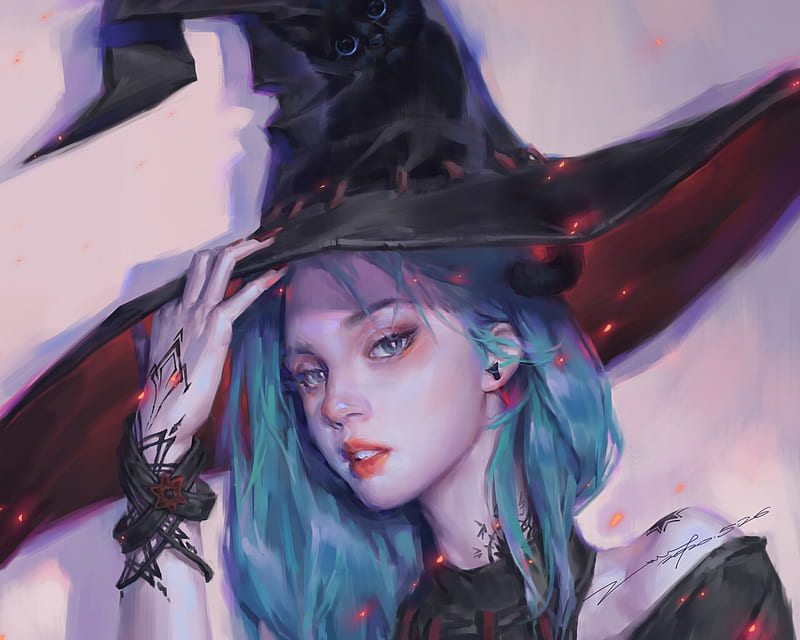 Witch, z wy, zwyart, face, zwy, hat, art, luminos, fantasy, girl, blue ...