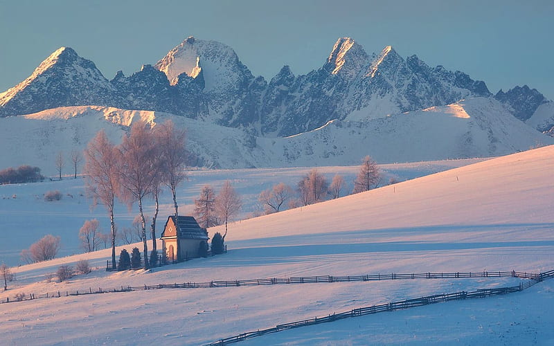 Winter in Poland, chapel, mountains, snow, Tatra, Poland, winter, HD wallpaper
