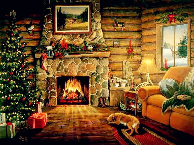 Christmas hearth, tree, hearth, christmas, snow, room, dog, deer, HD ...
