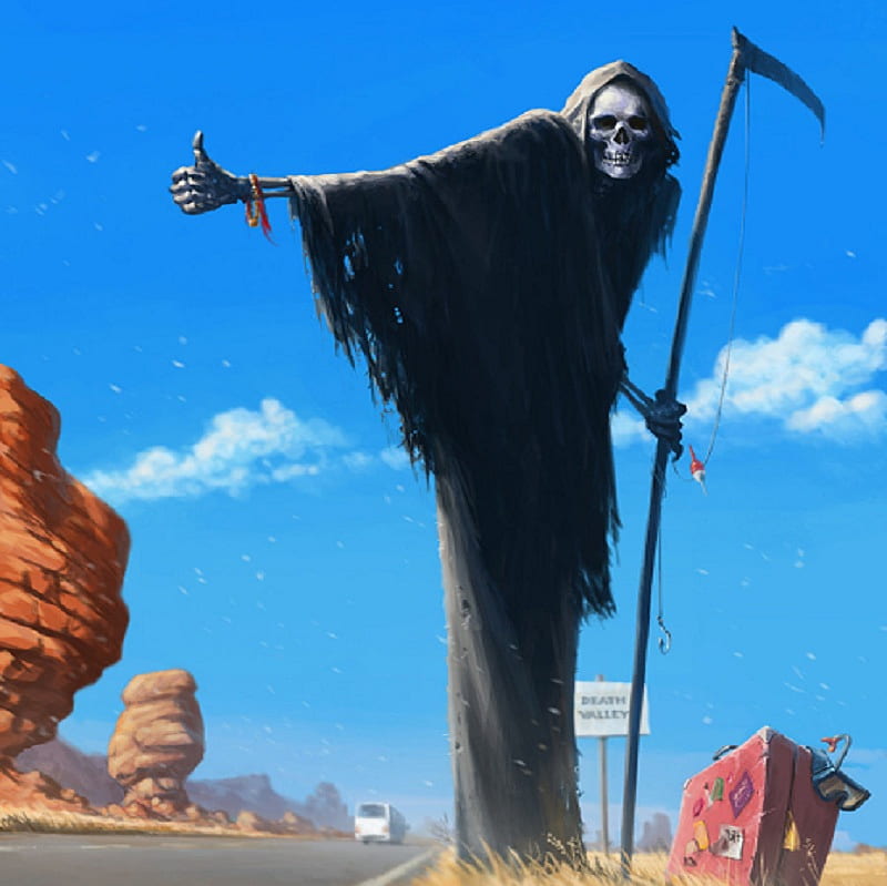 Death takes a Holiday, hitch-hiking, abstract, sky, clouds, artwork, fantasy, reaper, case, scythe, personification, road, HD wallpaper