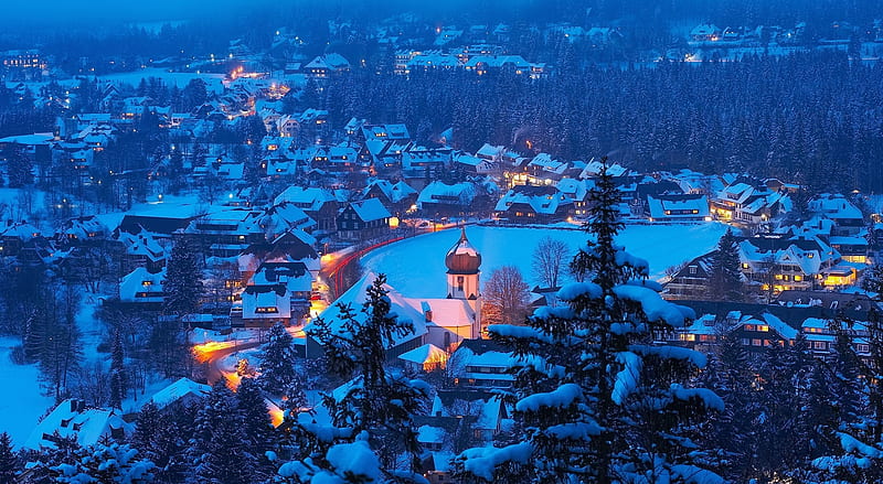 Hinterzarten Village Ultra, Seasons, Winter, Lights, Landscape, Village, Germany, Snow, hinterzarten, HD wallpaper