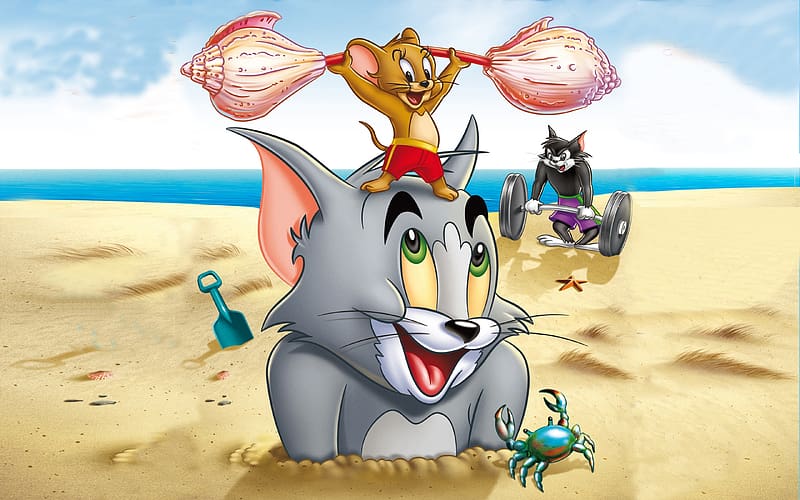 Tom and Jerry, cat, beach, tough and tumble, summer, animation, fantasy ...