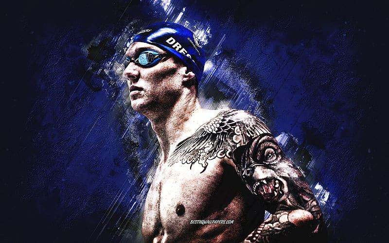 Caeleb Dressel, USA, American swimmer, National Team USA, portrait, blue stone background, grunge art, HD wallpaper