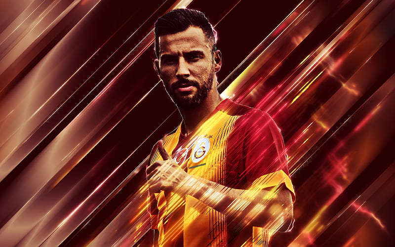 Sinan Gumus creative art, blades style, Turkish footballer, Galatasaray, Turkey, red creative background, football, HD wallpaper