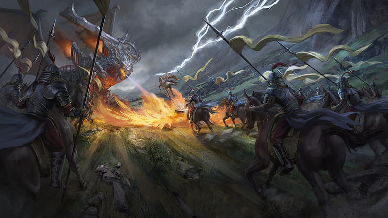 Fantasy, Battle, Dragon, Fire, Warrior, HD wallpaper