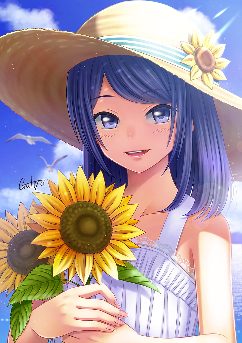 Girl, glance, smile, sunflowers, hat, anime, HD phone wallpaper | Peakpx