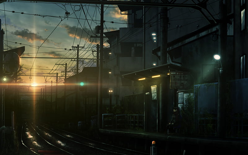 Anime, Train Station, Sunset, HD wallpaper