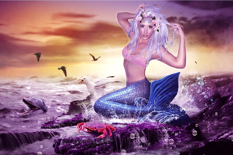 Mermaid by The Sea, sea life, rocks, dreamy, Mermaid, ocean, bonito, sky, sea, fantasy, magical, HD wallpaper