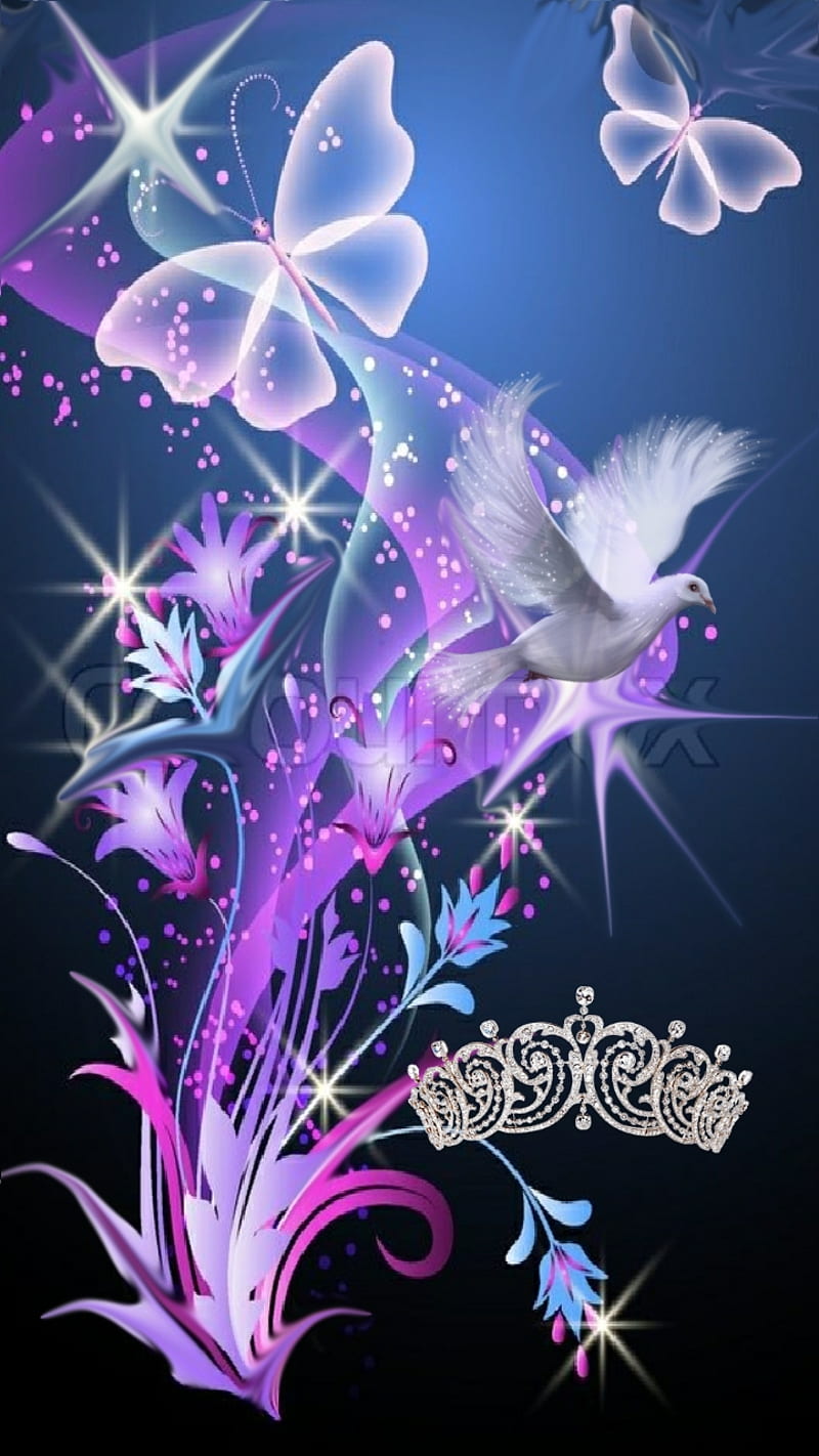 Princess, butterfly, diamonds, purple, sparks, stars, tiara, HD phone wallpaper