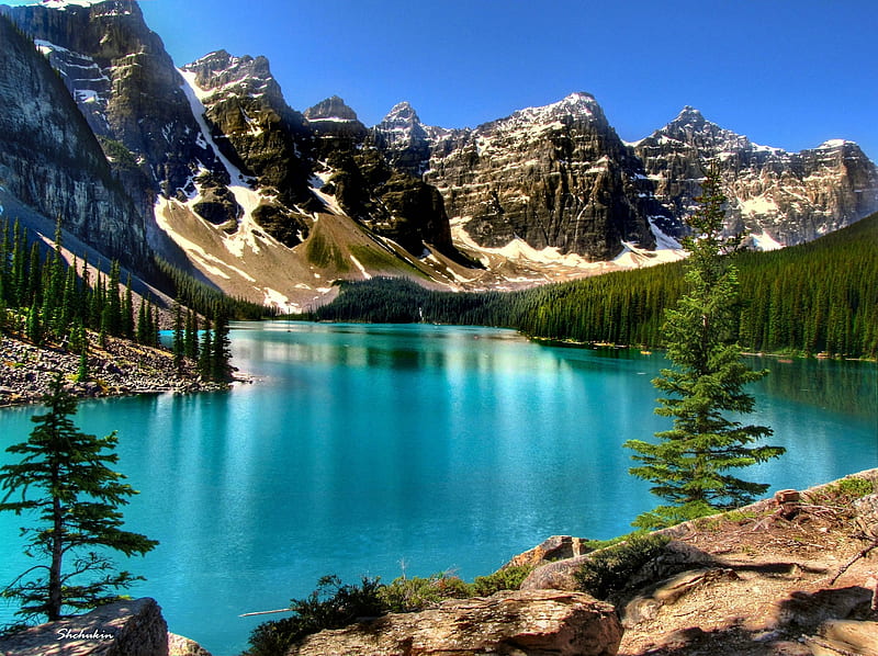 Moraine Lake, Banff National Park, Alberta, water, mountains, reflections, sky, canada, HD wallpaper