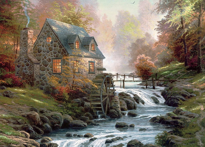 Cobble Stone Mill, thomas kinkade, art, house, water, cottage, painting, pictura, HD wallpaper