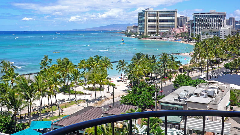 Waikiki Beach Honolulu Oahu Hawaii, resort, Hawaii, french polynesia, sea, atoll, Honolulu, palm trees, hotels, beach, sand, Waikiki, south pacific, exotic, sea front, view, ocean, Oahu, vista, paradise, island, tropical, HD wallpaper