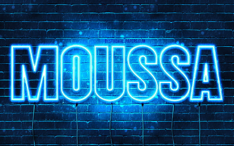 Moussa with names, Moussa name, blue neon lights, Happy Birtay Moussa, popular french male names, with Moussa name, HD wallpaper