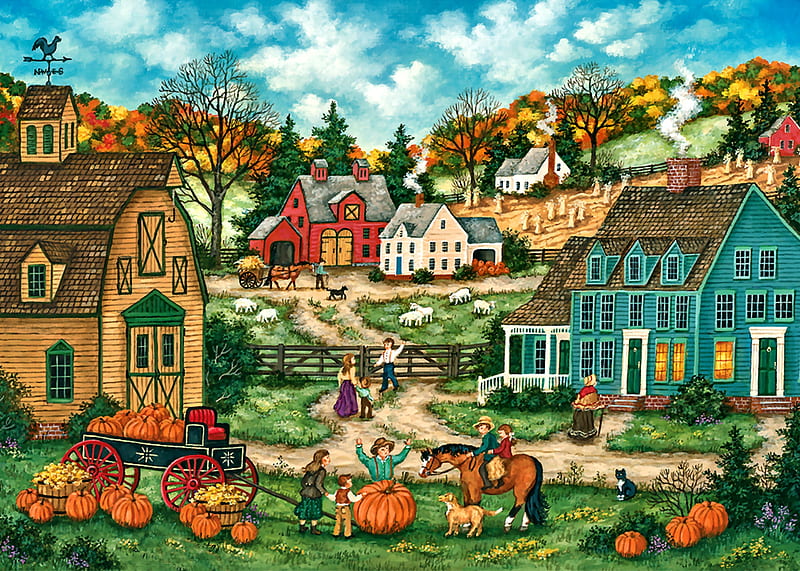 Grandpa's Giant Pumpkin F, architecture, planting, art, equine, bonito, horse, illustration, artwork, farm, pumpkin, painting, wide screen, scenery, crops, landscape, HD wallpaper