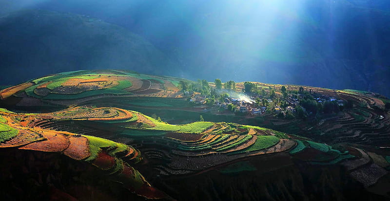 Magic Morning At Sunset Valley, China, mountains, town, terraces, fields, bonito, surays, divine light, HD wallpaper