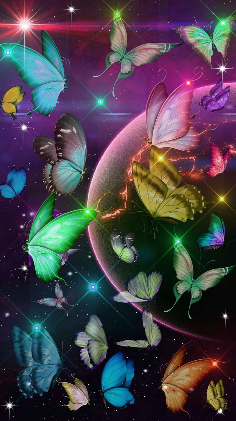 Moon Dust Flutter , butterflies, colorful, planets, space, flying, neon, HD phone wallpaper