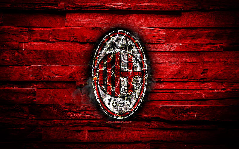 Milan FC, fiery logo, Serie A, red wooden background, italian football club, grunge, AC Milan, football, soccer, Milan logo, fire texture, Italy, HD wallpaper
