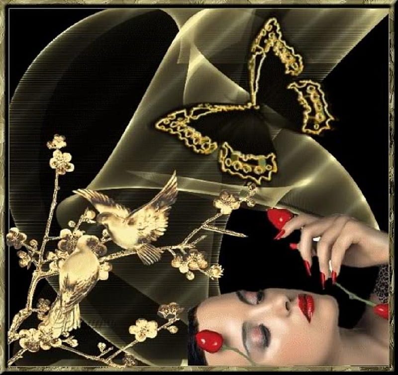 Gold treasures, gold butterflies, birds, desenho, roses, woman, red lips, HD wallpaper