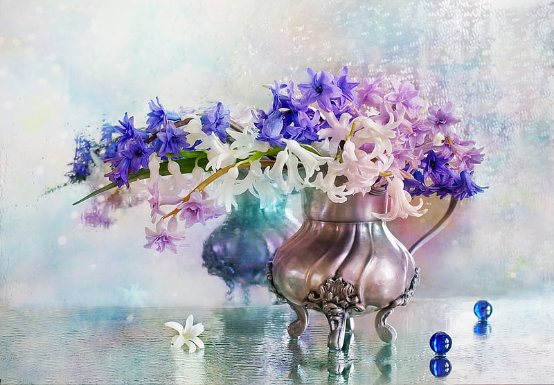 Hyacinths, hyacinth, vase, spring, glass, ball, purple, flower, stil life, pink, blue, HD wallpaper