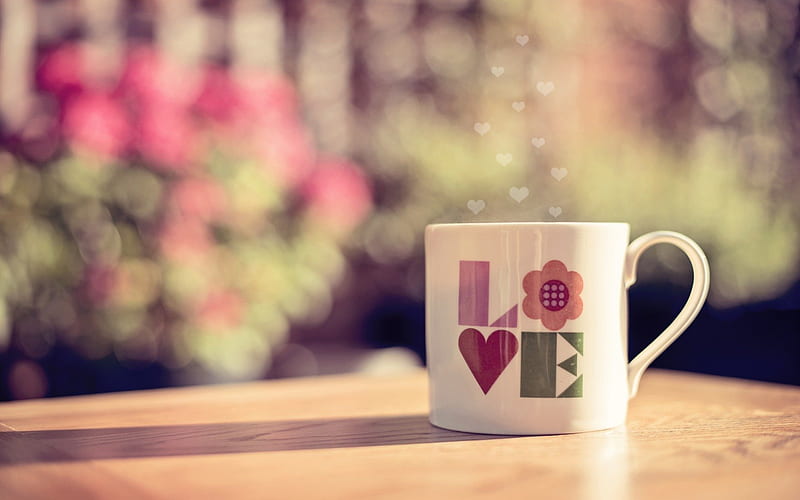 Coffee with lots of love, table, Gingerbread-heart, word, bokeh, coffee, love, heart, cup, flowers, sunshine, HD wallpaper
