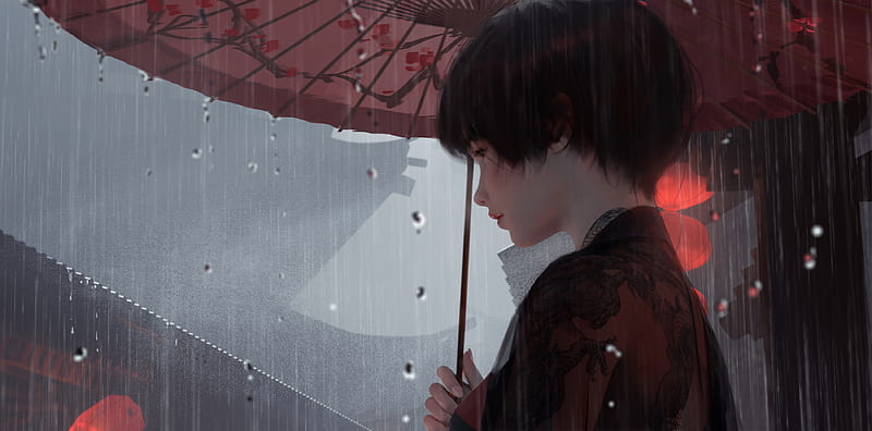 Comics, GhostBlade, Girl, rain, Umbrella, HD wallpaper