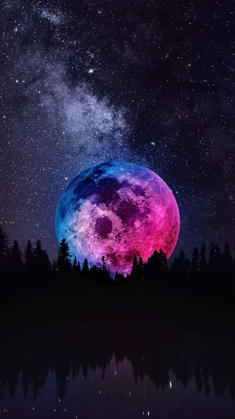 colorful moon, night, forest, lake, reflection, HD phone wallpaper
