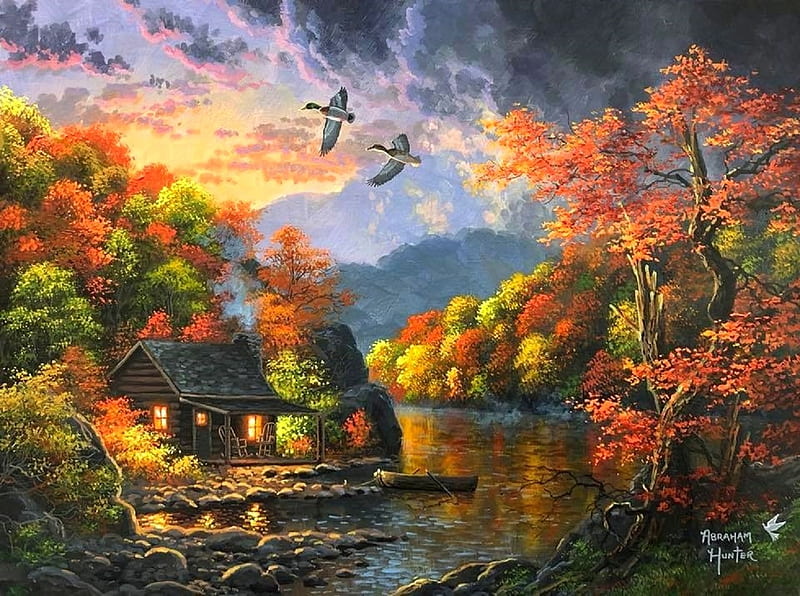 Special Vacation, rural, flying birds, fall season, autumn, houses, love four seasons, attractions in dreams, thanksgiving, countryside, boat, paintings, nature, forests, cabins, rivers, HD wallpaper