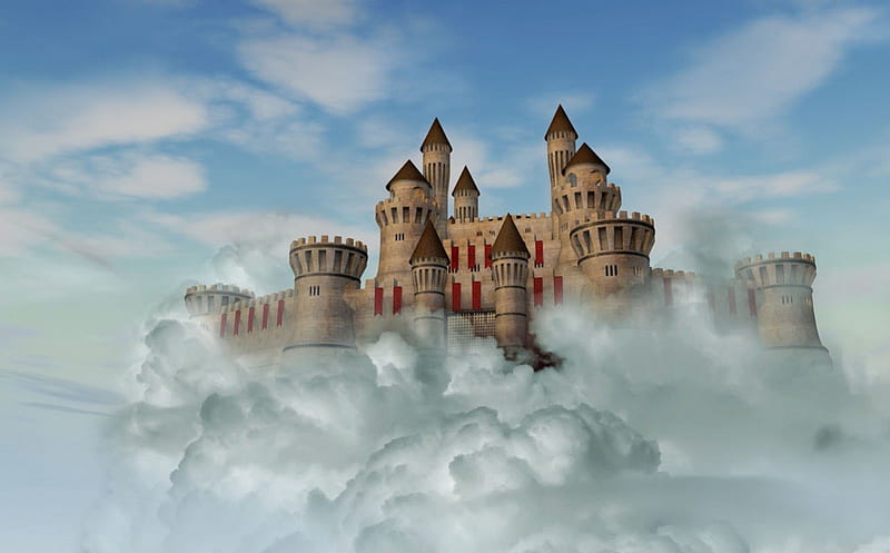 Sky Castle, towers, walls, sky, clouds, HD wallpaper