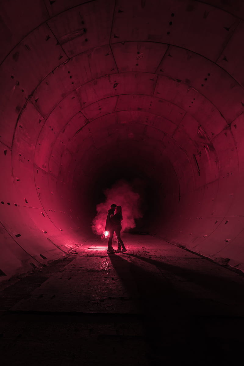 love, tunnel, silhouette, colored smoke, pink, HD phone wallpaper