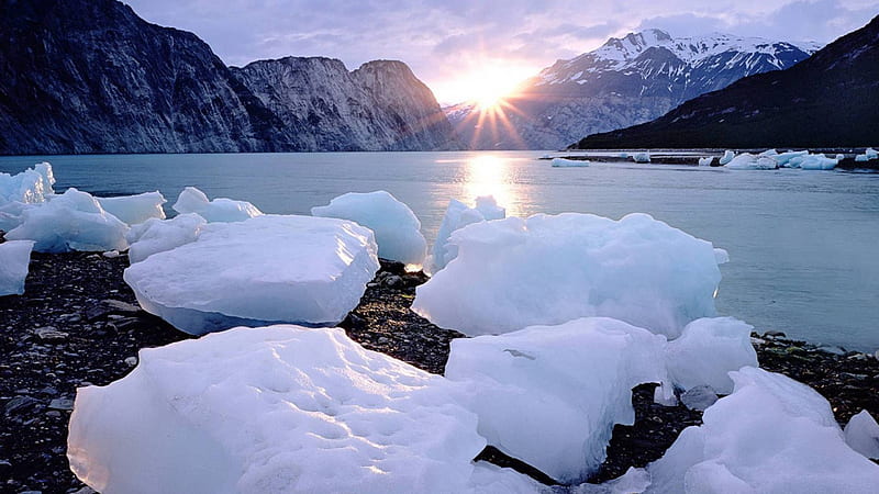sunrise in spring up north, ice, sunrise, bay, mountains, HD wallpaper