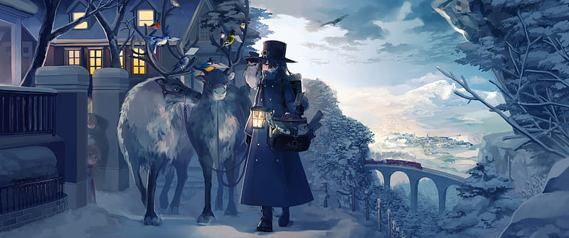 Anime, Original, Animal, Lantern, Reindeer, Snow, Winter, HD wallpaper