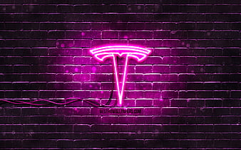 Tesla red logo red brickwall, Tesla logo, cars brands, Tesla neon logo ...