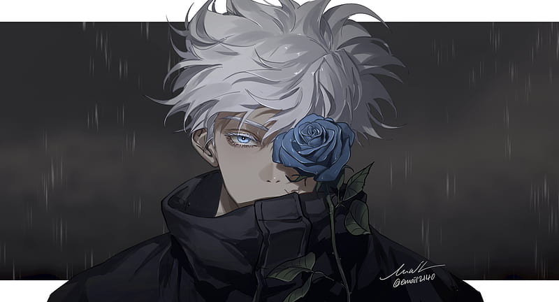 anime guy with gray hair and blue eyes