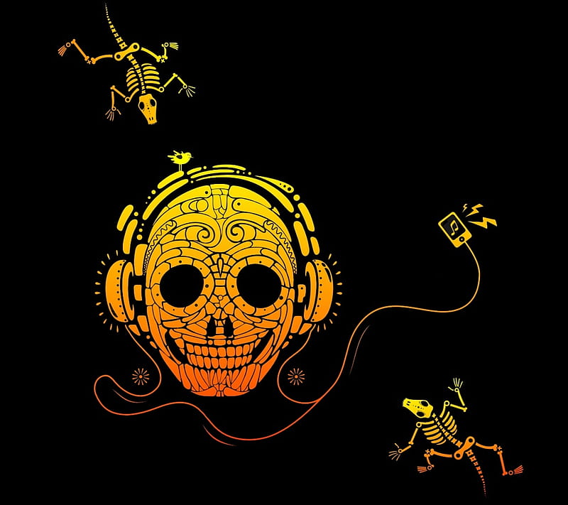 Inca Style Music, black, bones, orange, skull, HD wallpaper