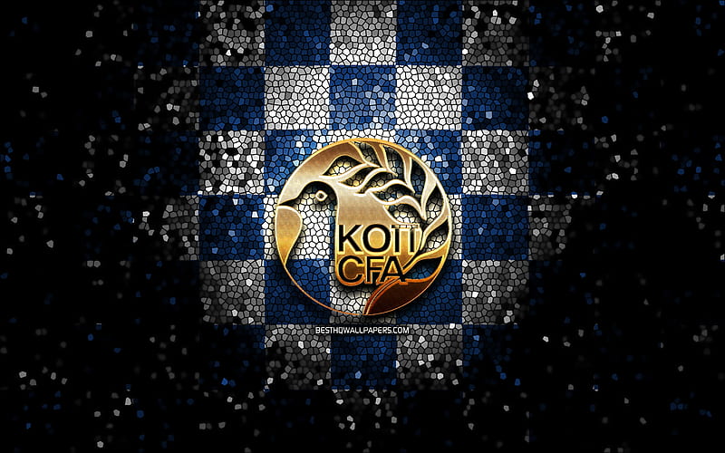 Cypriot football team, glitter logo, UEFA, Europe, blue white checkered background, mosaic art, soccer, Cyprus National Football Team, CFA logo, football, Cyprus, HD wallpaper