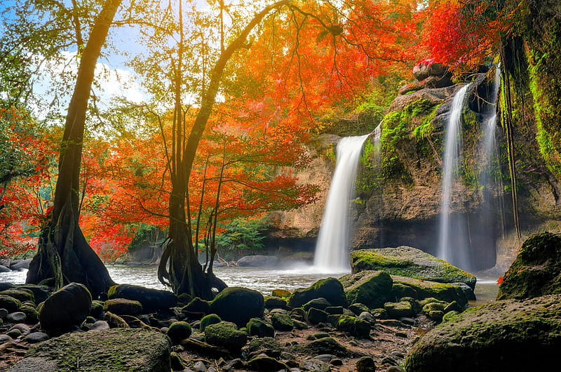 Autumn waterfall, double, fall, rocks, autumn, national park, waterfall, bonito, trees, Thailand, HD wallpaper