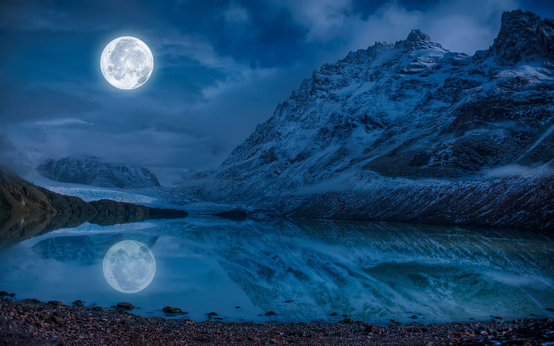 Full Moon Near Snowcap Mountain, moon, mountains, nature, HD wallpaper