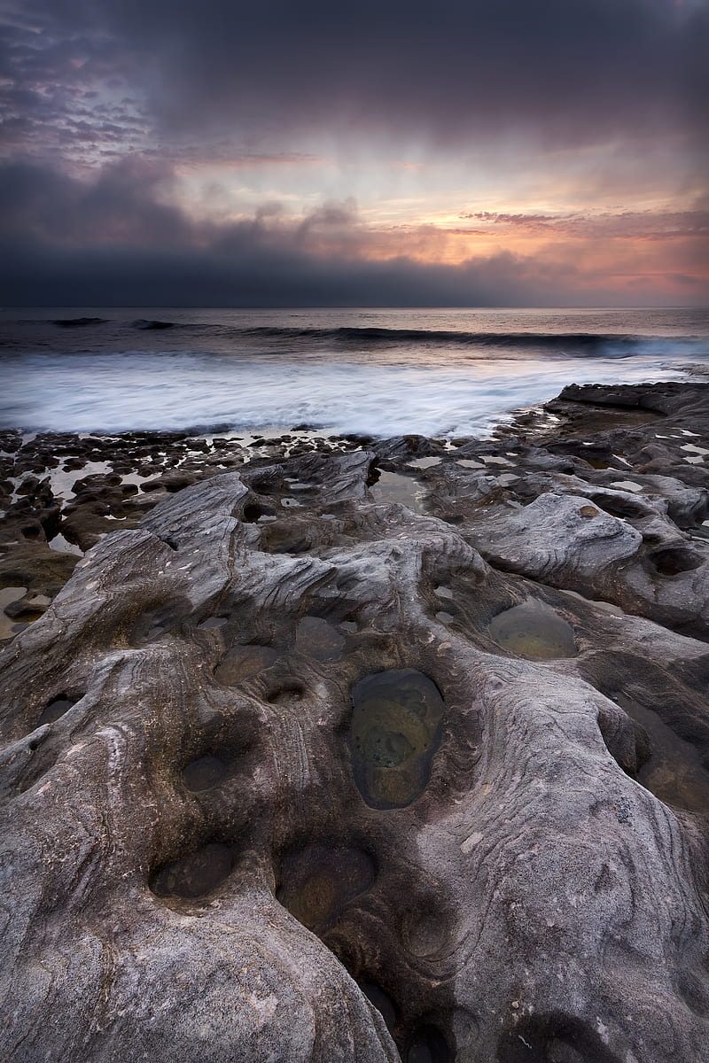 rocks, sea, horizon, sunset, HD phone wallpaper