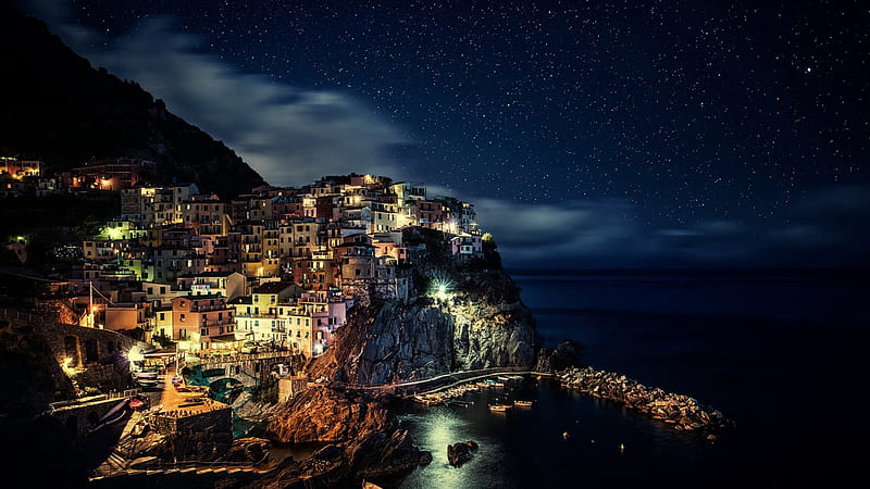 spectacular starry night over manarola italy, mountain, stars, town, coast, sea, night, HD wallpaper