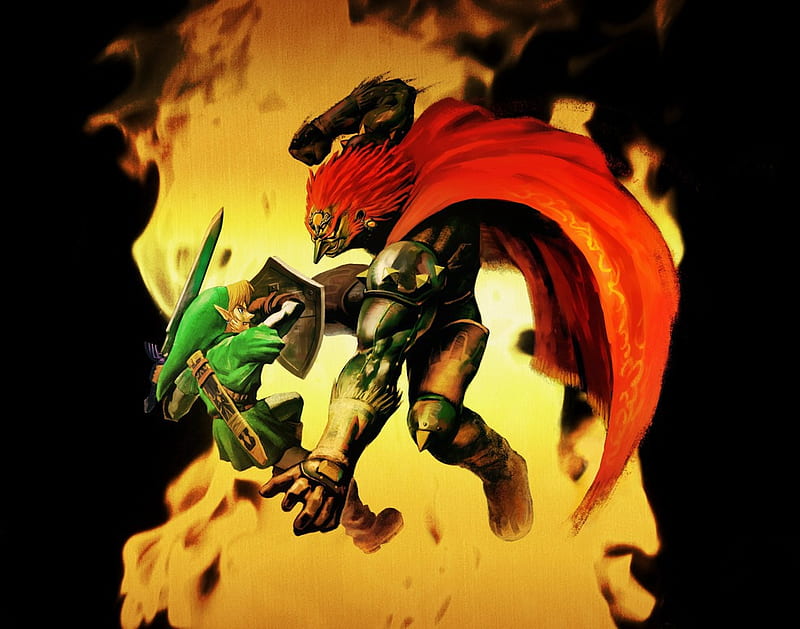 Link Vs. Ganondorf, fire, battle, link, zelda, video games, ganondorf, HD wallpaper