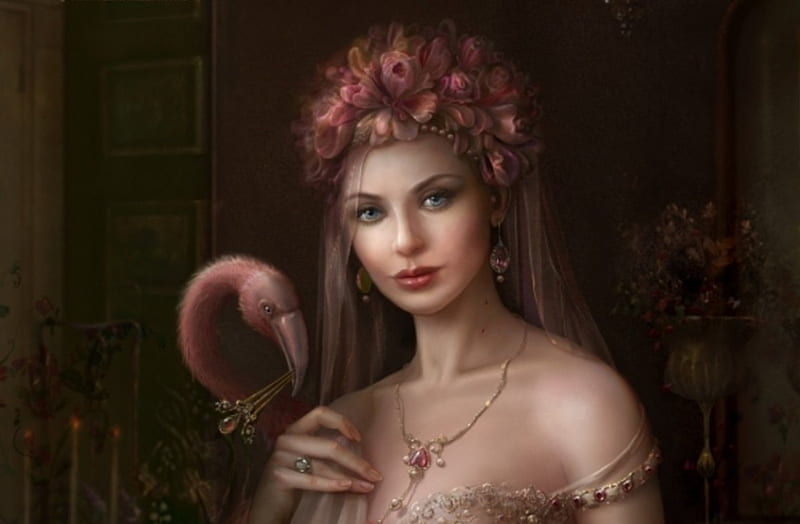 Beautiful Lady, cornachhia art, flamingo, bonito, lady, jewelry, HD wallpaper