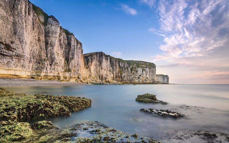 Normandy, English Channel, coast, rocks, evening, sunset, France, HD wallpaper