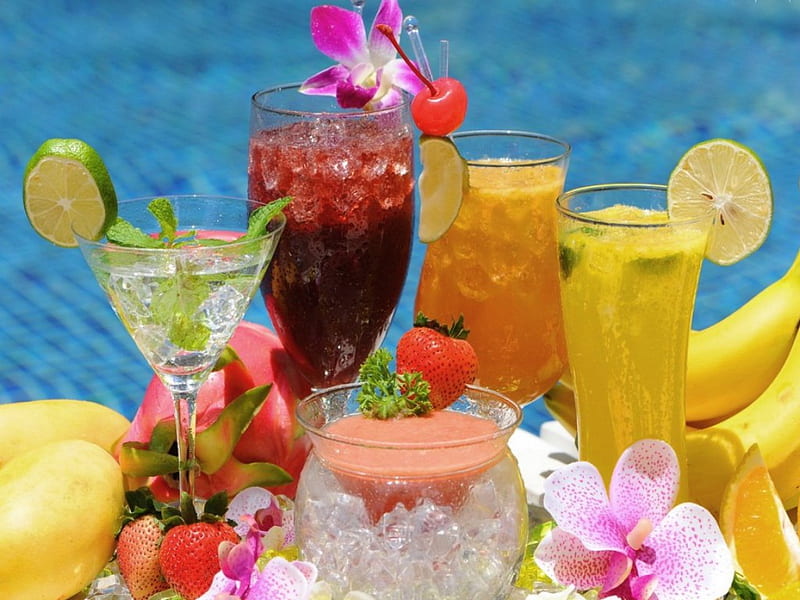 Refreshments, colorful, refreshing, fresh, bananas, cherries, cocktails, abstract, soft drinks, fruit, beach, graphy, tasty, ice, flowers, strawberries, HD wallpaper