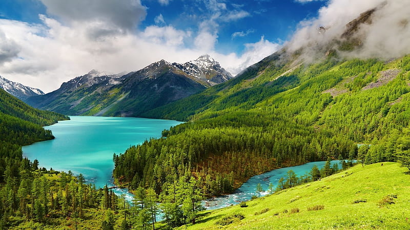 mountains, alpine lake, trees, Landscape, HD wallpaper