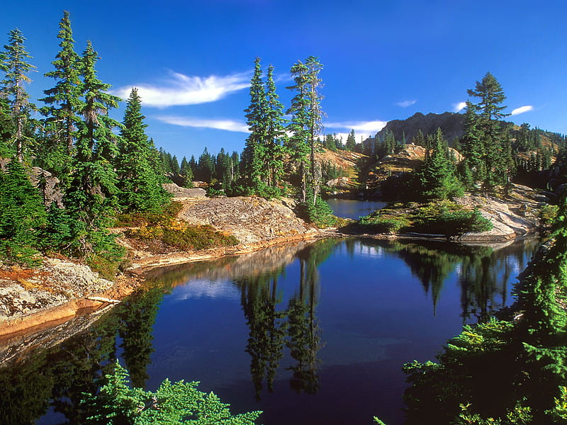 Rampart Lakes, Washington, nature, bonito, trees, clouds, sky, lake, blue, HD wallpaper