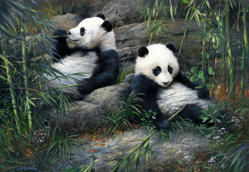 Lovely Pandas, painting, wildlife, bears, bamboo, HD wallpaper