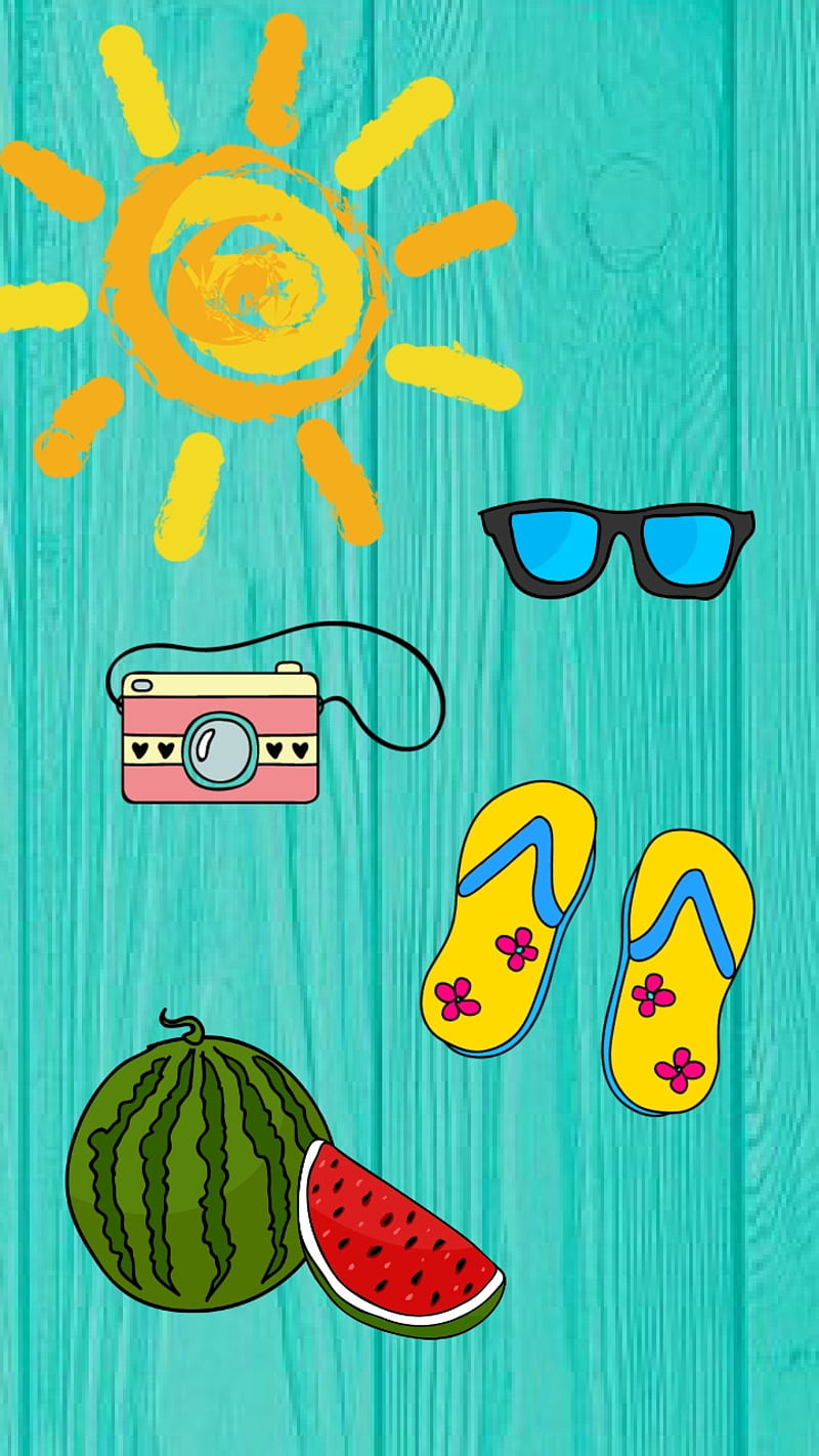 Beach Bum, beach, camera, flip flops, fun, sand, sun, sunglasses, surf, watermelon, HD phone wallpaper