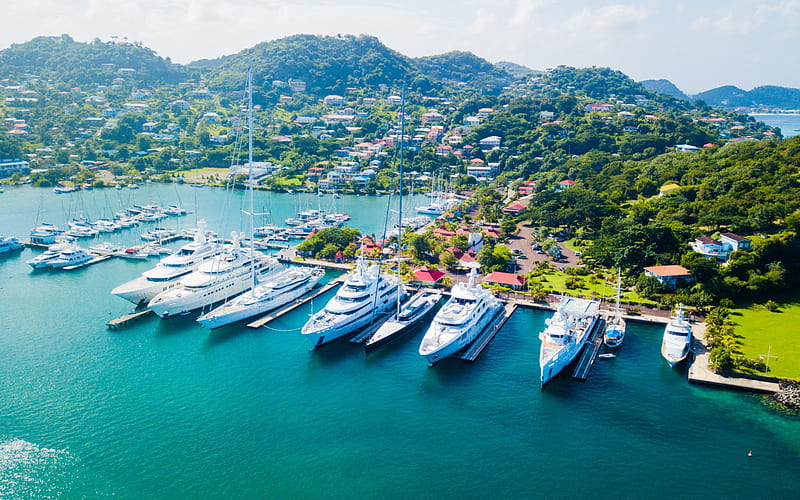 Saint Lucia, sea, bay, Caribbean, tropical islands, yachts, sailboats, HD wallpaper