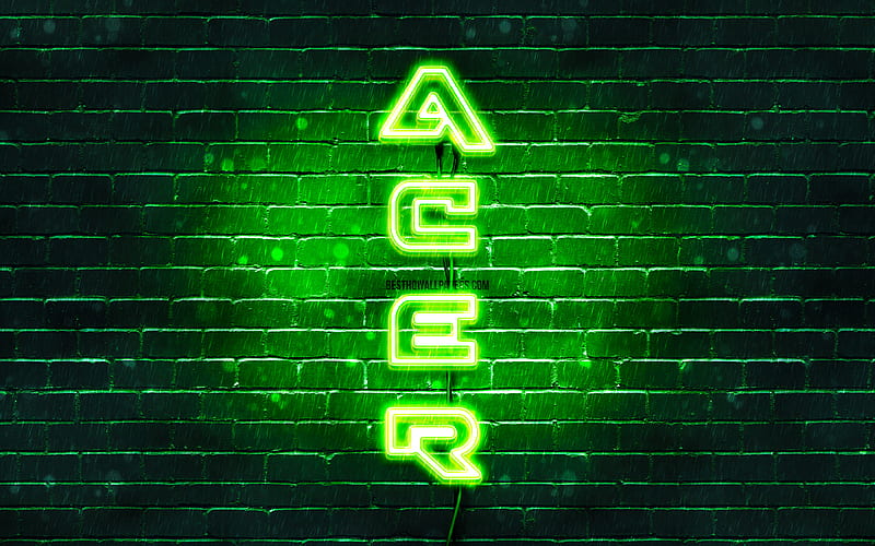 Acer green logo, vertical text, green brickwall, Acer neon logo, creative, Acer logo, artwork, Acer, HD wallpaper